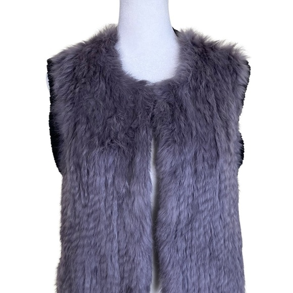 525 America Luxe Gray Rabbit Fur Open Front Vest With Chunky Knit Back Luxury M - Picture 2 of 16